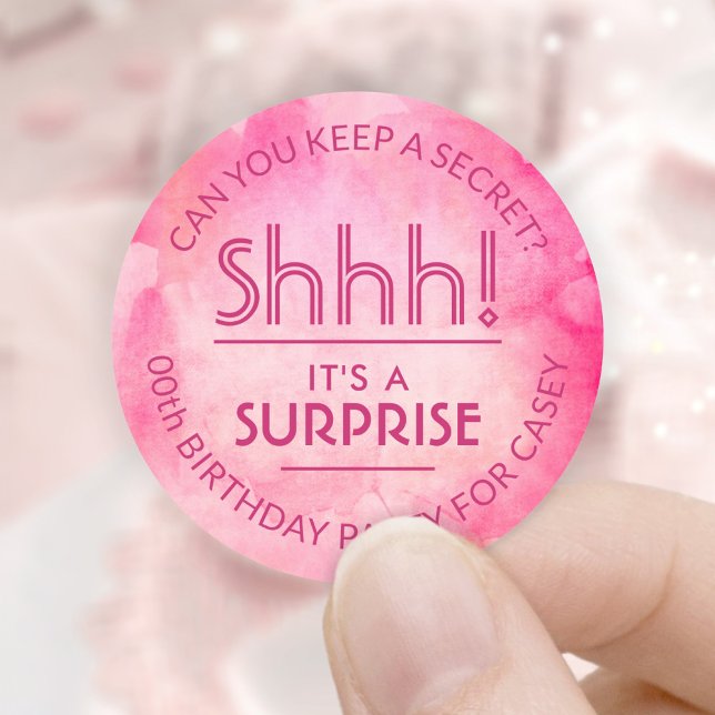 Sticker Rond Surprise fête d'anniversaire Shhh! Aquarelle rose (Créateur téléchargé)