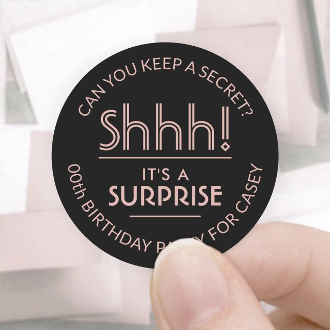 Sticker Rond Surprise fête d'anniversaire Shhh! Rose et noir él (Créateur téléchargé)