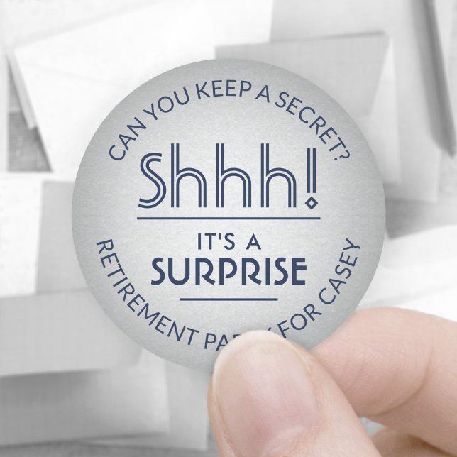 Sticker Rond Surprise Retraite Party Shhh ! Marine bleu et arge (Créateur téléchargé)