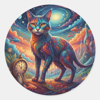 Sticker Rond Surrealism Whimsical Time Travel Cat