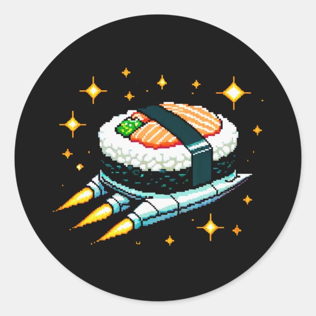 Sticker Rond Sushi Spacship Pixel Art Flying Sushi Roll Design (Devant)