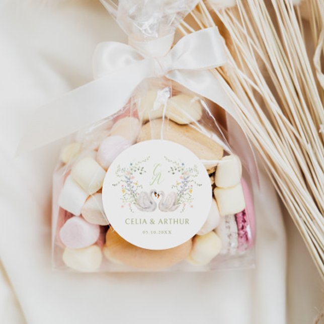 Sticker Rond Swans Floral Monogram Crest Wedding  (Créateur téléchargé)