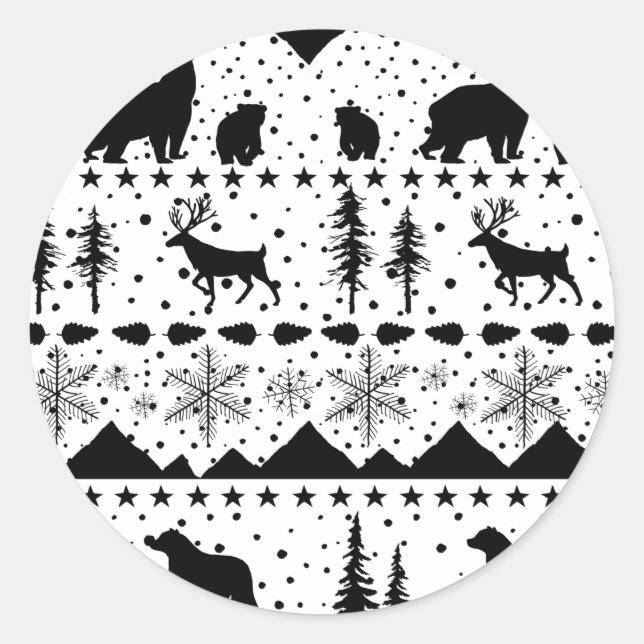 Sticker Rond Sweater Nordique Animaux D'Hiver Noir Et Blanc (Devant)
