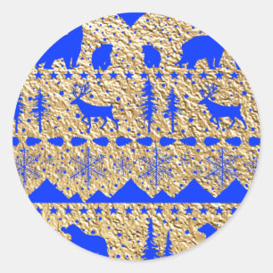 Sticker Rond Sweater nordique Royal Blue Winter Animaux Gold