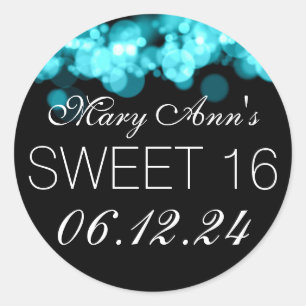 Sticker Rond Sweet 16 Anniversaire Fête Turquoise Bokeh Lumière
