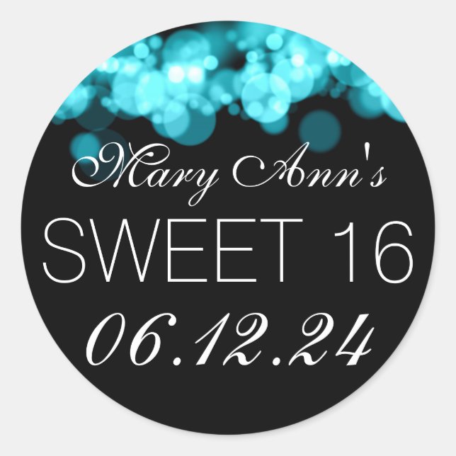 Sticker Rond Sweet 16 Anniversaire Fête Turquoise Bokeh Lumière (Devant)