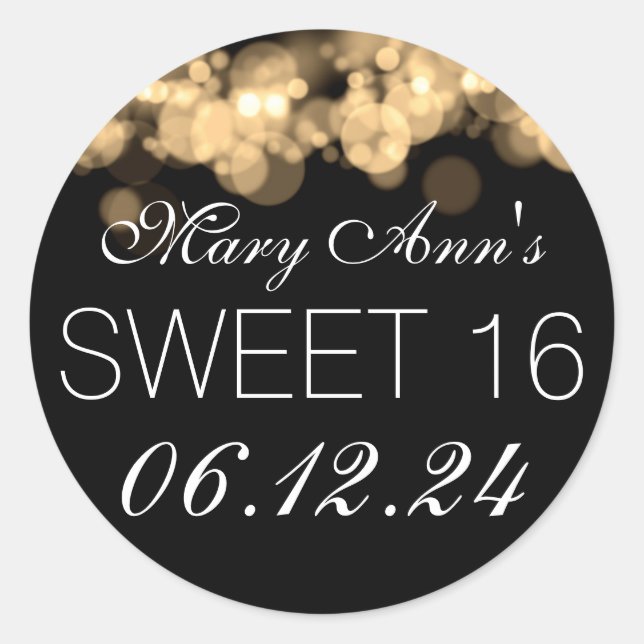 Sticker Rond Sweet 16 Anniversaire Gold Bokeh Lumières (Devant)