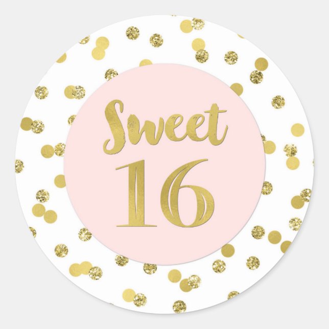 Sticker Rond Sweet 16 Anniversaire Lumière Rose Gold Confetti (Devant)