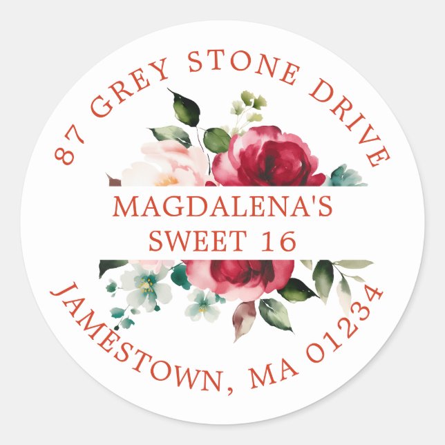 Sticker Rond Sweet 16 Anniversaire Rose Floral Adresse de retou (Devant)