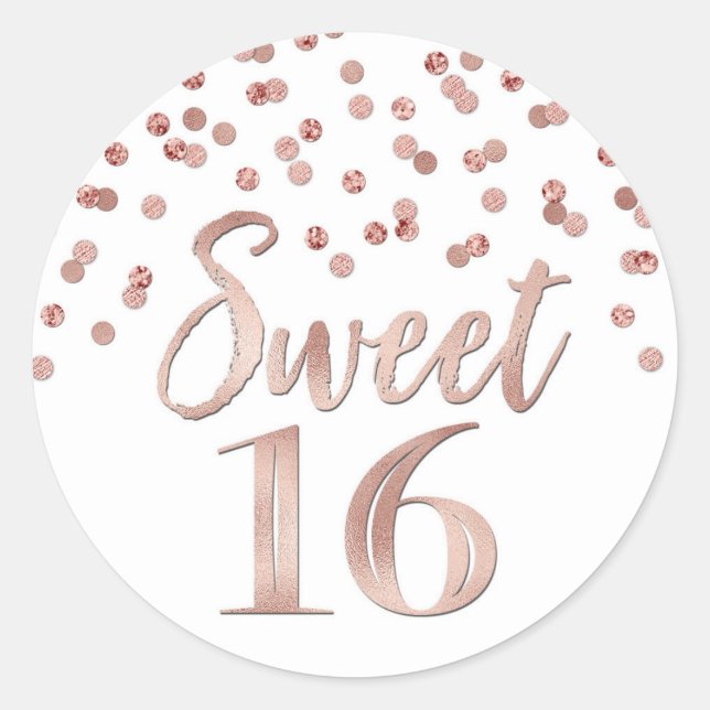 Sticker Rond Sweet 16 Anniversaire Rose Gold Confetti (Devant)