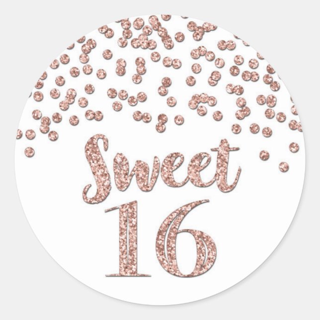 Sticker Rond Sweet 16 Anniversaire Rose Gold Confetti (Devant)