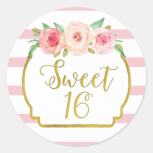 Sticker Rond Sweet 16 Anniversaire rose rayures or rose floral