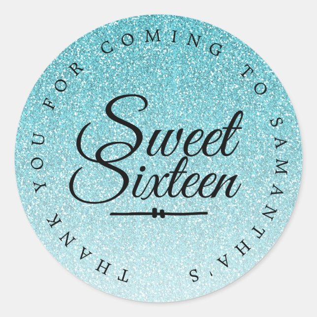 Sticker Rond Sweet 16 Blue Glitter Ombre Thank You Custom Name (Devant)