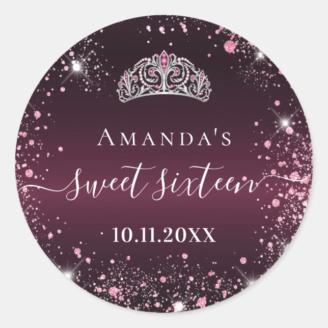 Sticker Rond Sweet 16 burgundy rose tiara nom script (Devant)
