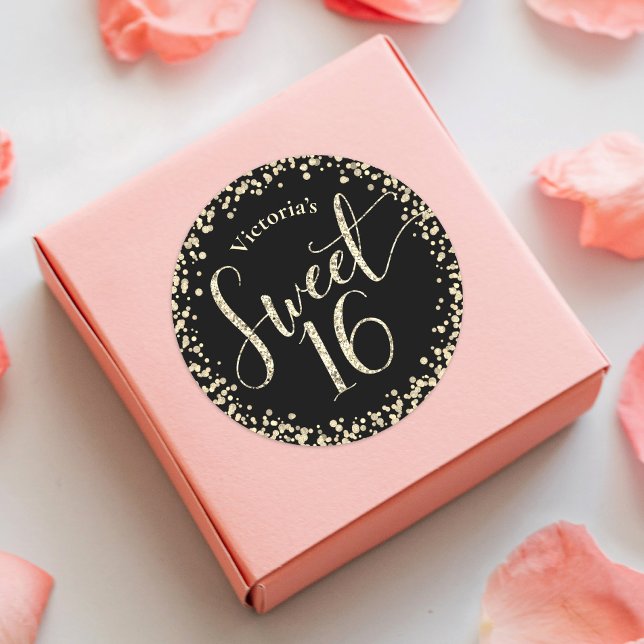 Sticker Rond Sweet 16 Chic Black Gold Parties scintillant Confe (Créateur téléchargé)