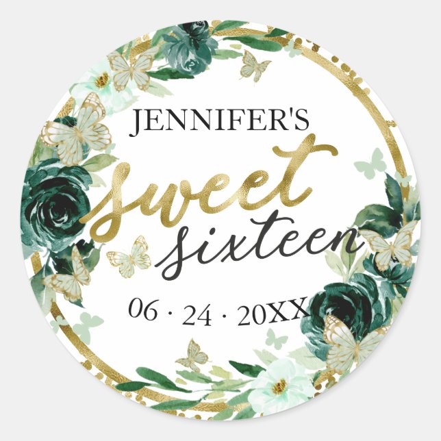 Sticker Rond Sweet 16 Emerald Green Floral Butterfly (Devant)