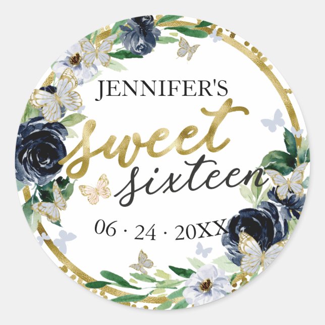 Sticker Rond Sweet 16 Emerald Navy Blue Floral Butterfly (Devant)