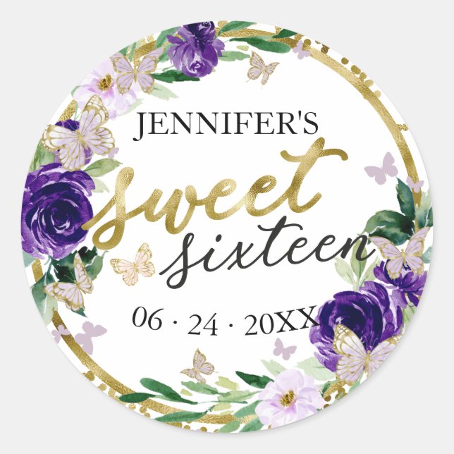 Sticker Rond Sweet 16 Emerald Purple Papillon Floral (Devant)
