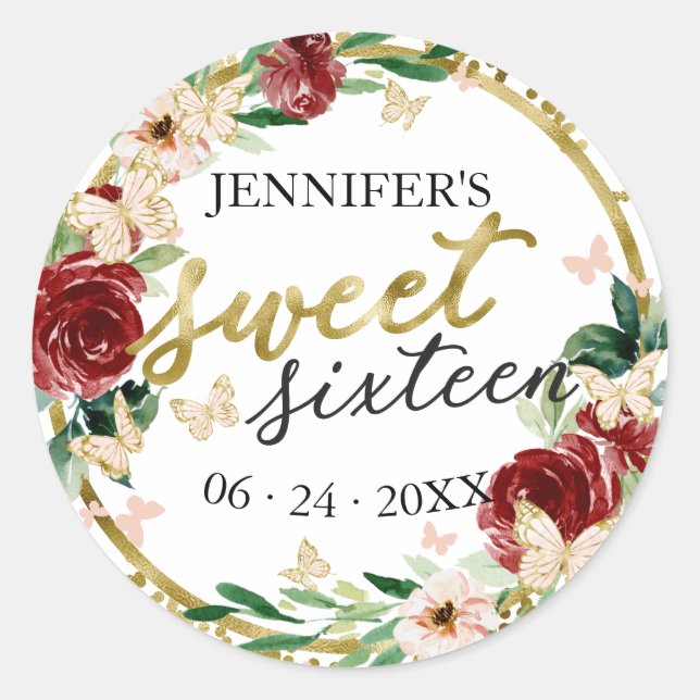 Sticker Rond Sweet 16 Emerald Red Gold Floral Butterfly (Devant)