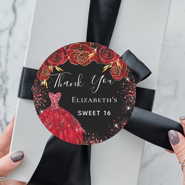 Sticker Rond Sweet 16 flûtes de robe rouge noir Merci (Créateur téléchargé)