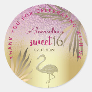 Sticker Rond Sweet 16 Merci Flamant rose rose et or