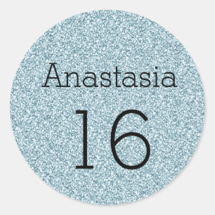 Sticker Rond Sweet 16 Nom Noir Bleu Argent Paillettes