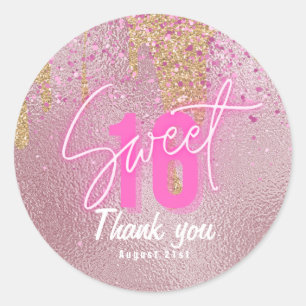 Sticker Rond Sweet 16 Parties scintillant rose Foil Girly Moder