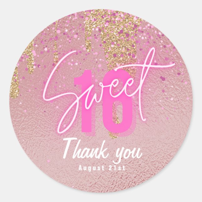 Sticker Rond Sweet 16 Parties scintillant rose Foil Girly Moder (Devant)