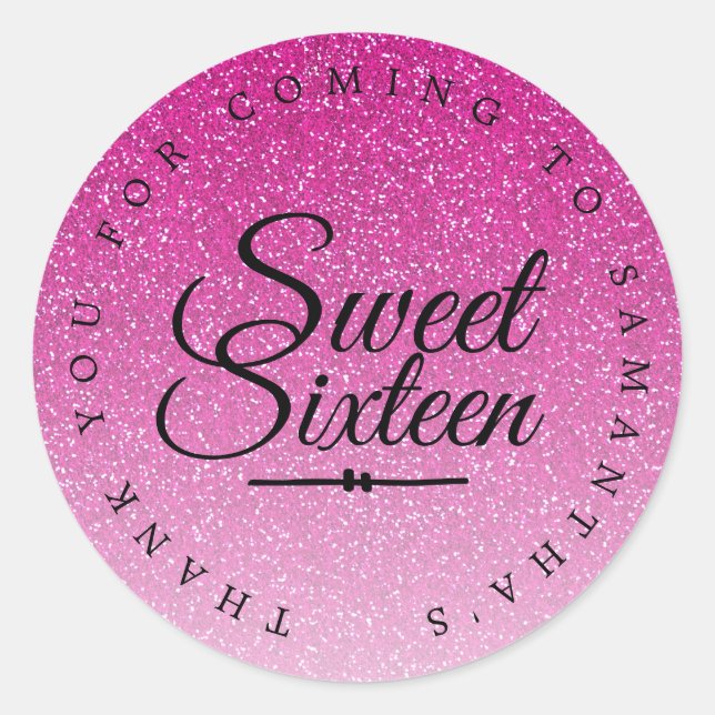 Sticker Rond Sweet 16 Parties scintillant rose Ombre Merci Nom  (Devant)