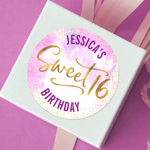 Sticker Rond Sweet 16 Rose Aquarelle Or Glam Script Anniversair