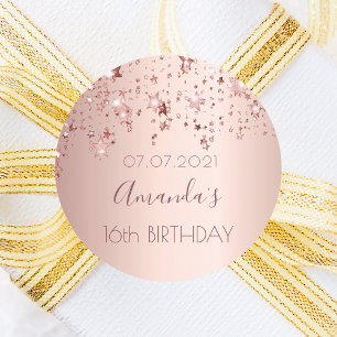 Sticker Rond Sweet 16 rose de fête or brillant étoiles glittery