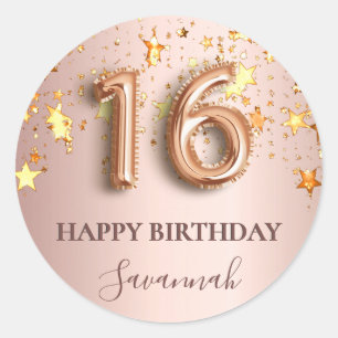 Sticker Rond Sweet 16 rose or blush étoiles nom