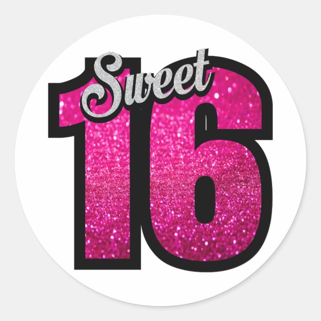 Sticker Rond Sweet 16 seize rose parties scintillant fille anni (Devant)