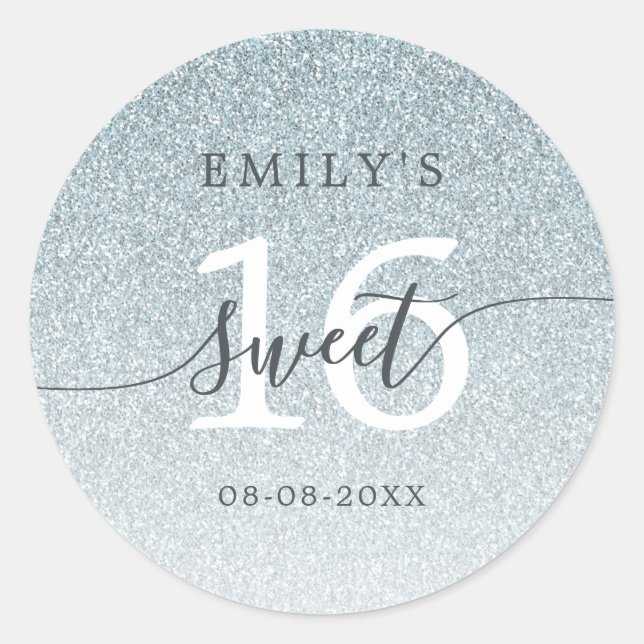 Sticker Rond Sweet 16 Silver Parties scintillant Ombre Nom pers (Devant)