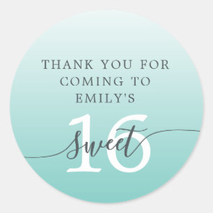 Sticker Rond Sweet 16 Turquoise clair Ombre Merci Nom personnal