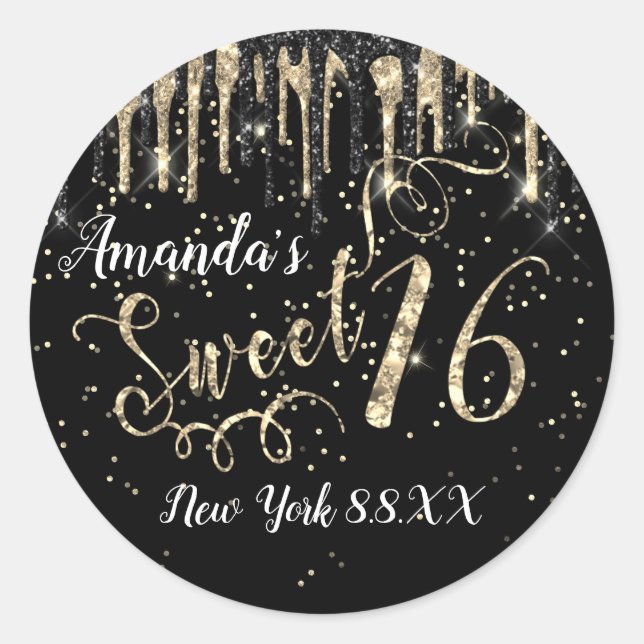 Sticker Rond Sweet 16e Party Gold Confetti Drips Noir Blanc (Devant)