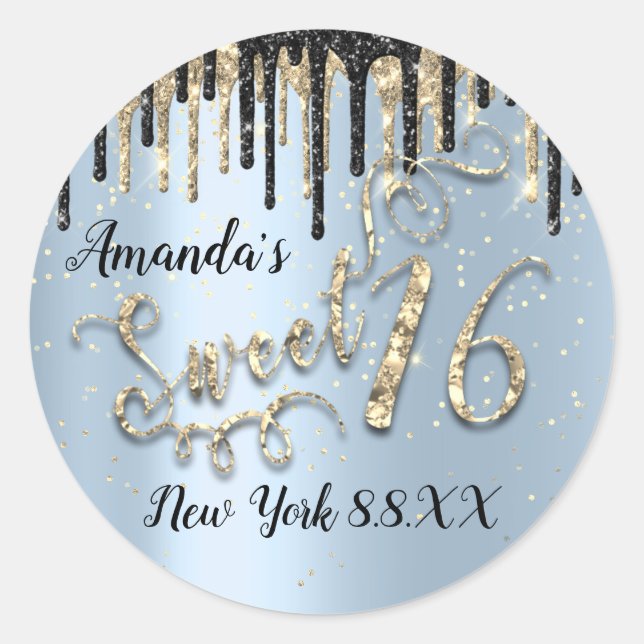 Sticker Rond Sweet 16th Party Stars Gold Confetti Smoky Blue (Devant)