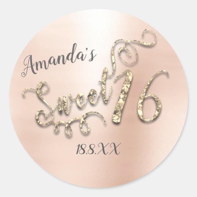 Sticker Rond Sweet 16th Script Metallic Rose rond Gold Girly (Devant)