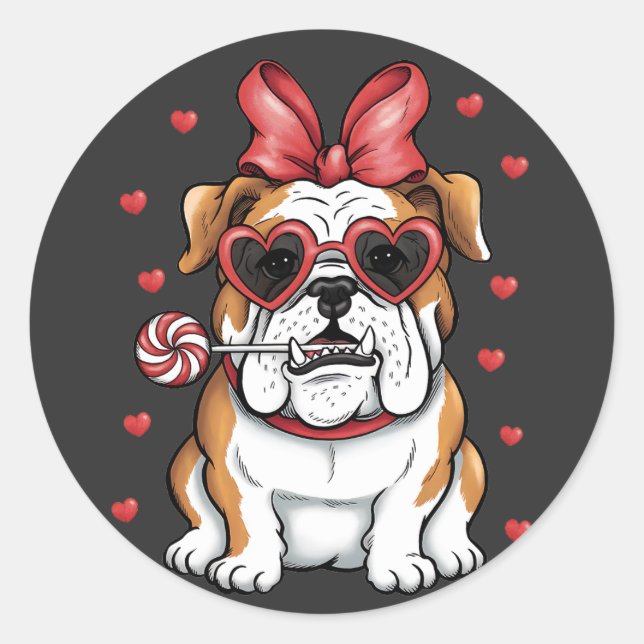 Sticker Rond Sweet Bulldog avec Lollipop Saint-Valentin. (Devant)