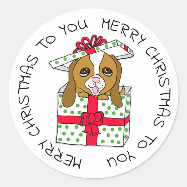 Sticker Rond Sweet Chien de Chien en boîte cadeau de Noël avec  (Devant)