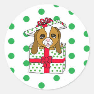 Sticker Rond Sweet Chien de Chien en boîte cadeau de Noël avec 