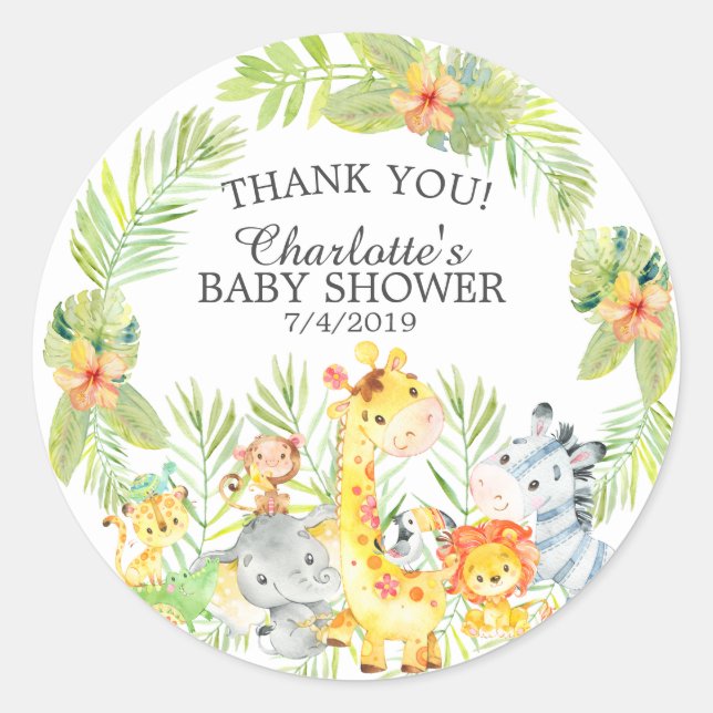 Sticker Rond Sweet Jungle Animaux Baby shower Merci Favor (Devant)
