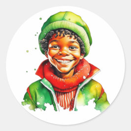 Sticker Rond Sweet Little Boy Aquarelle Noël