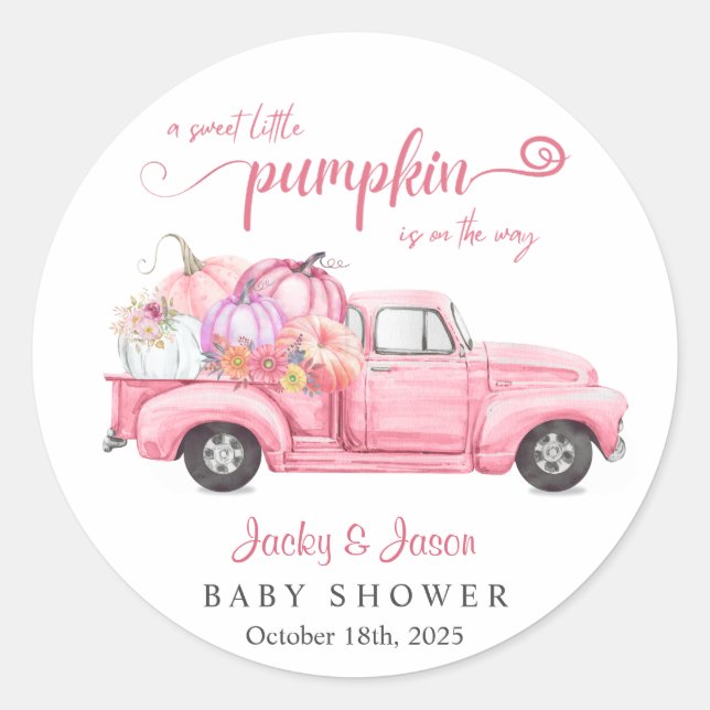 Sticker Rond Sweet Little Citrouille Baby shower fille rose (Devant)