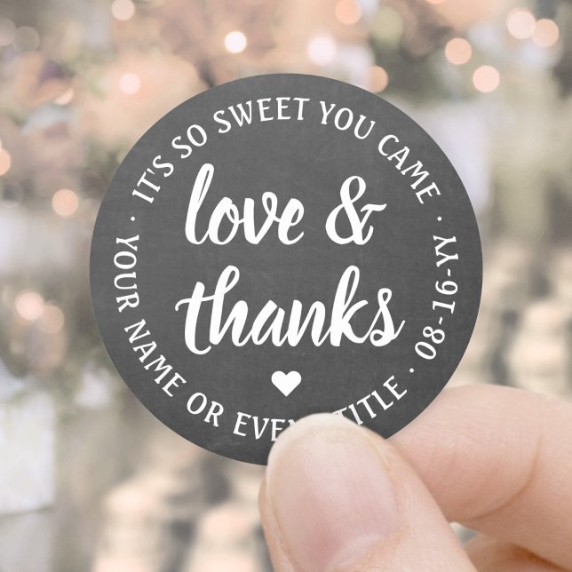 Sticker Rond Sweet Love & Thanks Black & White Faux Chalkboard (Créateur téléchargé)