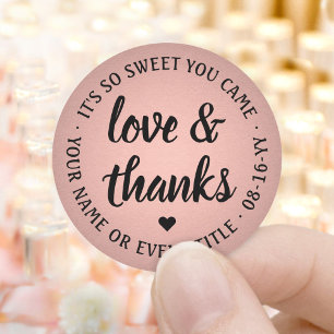 Sticker Rond Sweet Love & Thanks Rose & Black Faux Foil Élégant