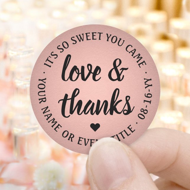 Sticker Rond Sweet Love & Thanks Rose & Black Faux Foil Élégant (Créateur téléchargé)
