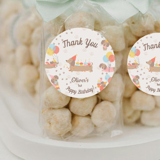 Sticker Rond Sweet Sausage Puppy Birthday Party Thank You
