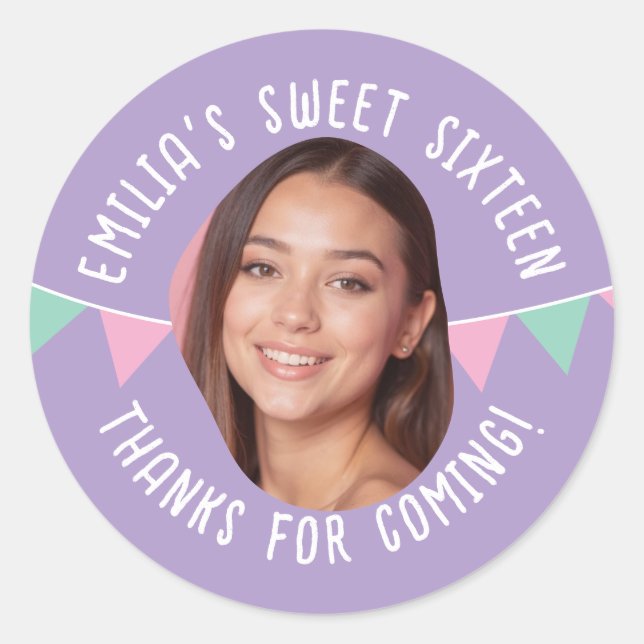 Sticker Rond Sweet sixteen 16e anniversaire Bannière photo pers (Devant)