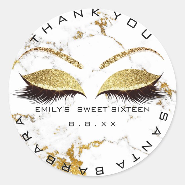 Sticker Rond Sweet sixteen 16e Marbre blanc Lash Parties scinti (Devant)
